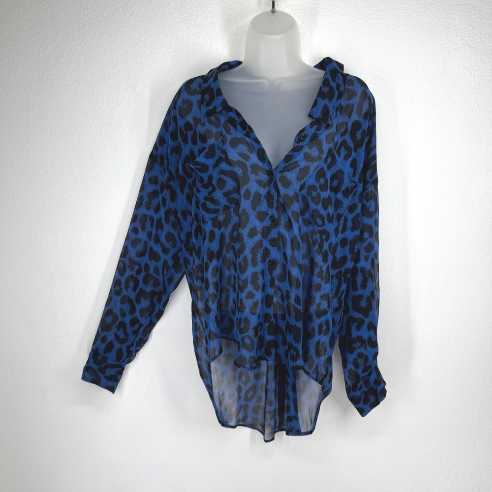 Free People Blue Leopard Animal Print Sheer Oversized Button Blouse Medium Boho